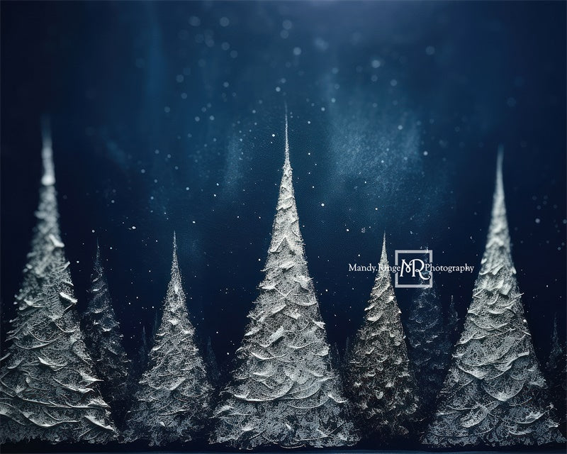 Kate Christmas Silver and Blue Painted Pine Trees Backdrop Designed by Mandy Ringe Photography