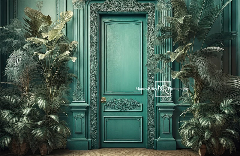 Kate Teal Door with Tropical Houseplants Backdrop Designed by Mandy Ringe Photography