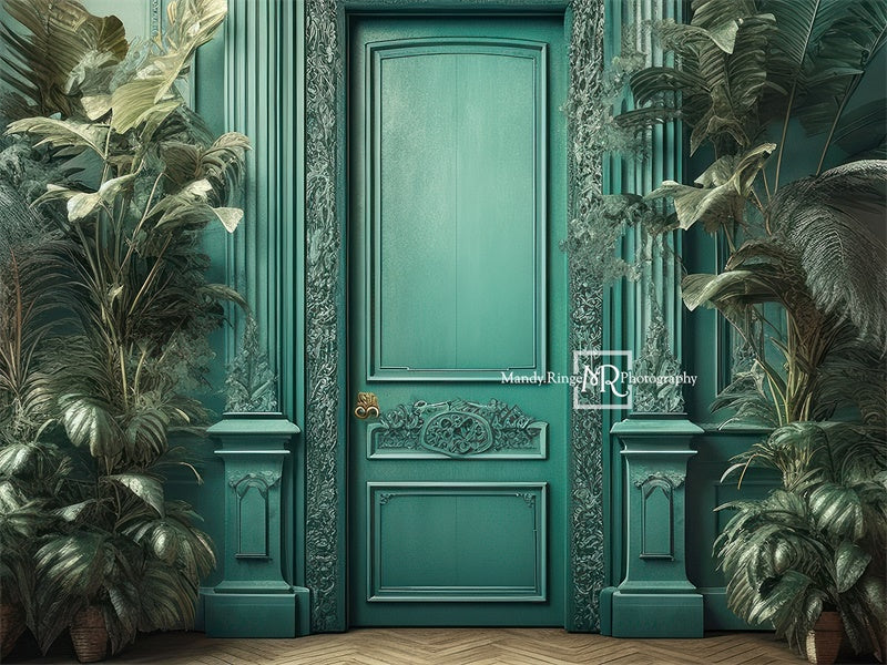 Kate Teal Door with Tropical Houseplants Backdrop Designed by Mandy Ringe Photography