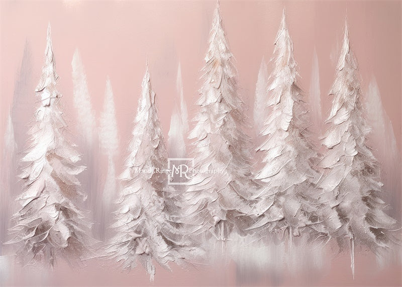 Kate Christmas White and Blush Pink Painted Pine Trees Backdrop Designed by Mandy Ringe Photography