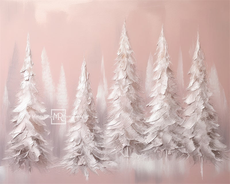 Kate Christmas White and Blush Pink Painted Pine Trees Backdrop Designed by Mandy Ringe Photography