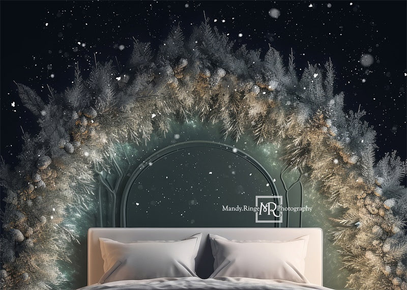 Kate Winter Headboard with Greenery and Snow Backdrop Designed by Mandy Ringe Photography