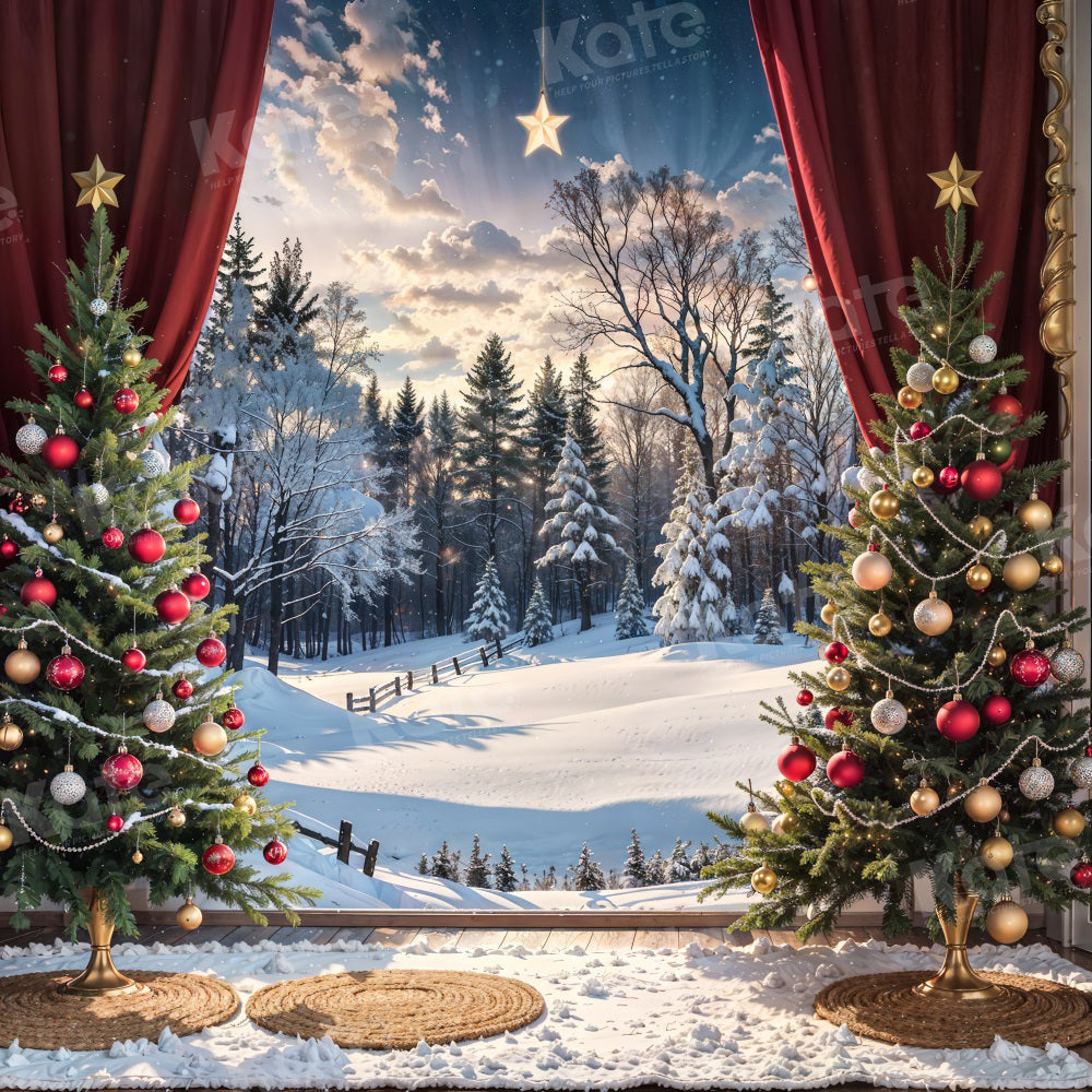 RTS Kate Christmas Tree Snow Field Red Sunshine Sky Backdrop for Photography