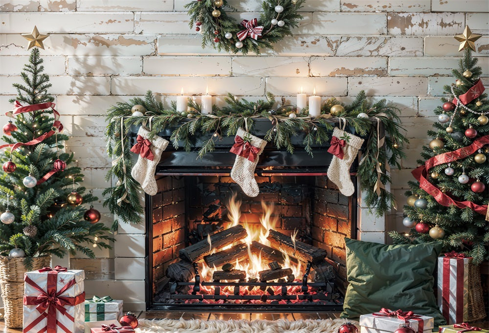 RTS Kate Christmas Burning Fireplace White Wall Backdrop for Photography
