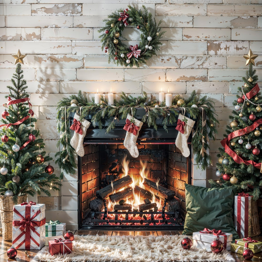 RTS Kate Christmas Burning Fireplace White Wall Backdrop for Photography