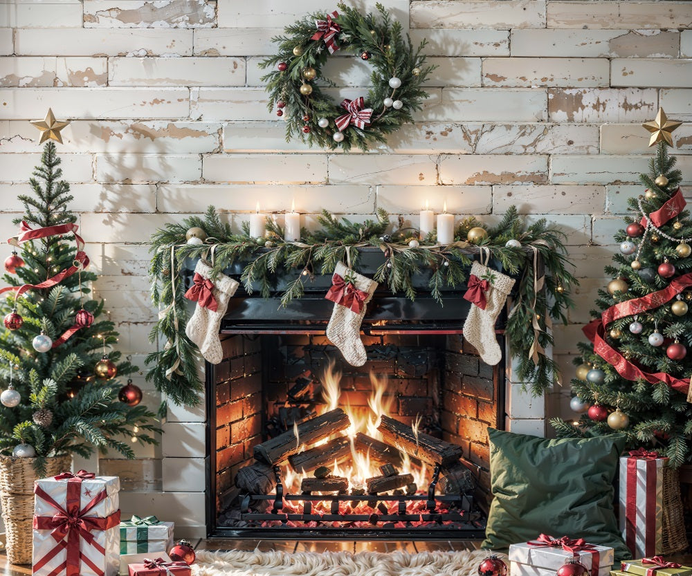 Kate Christmas Burning Fireplace White Wall Backdrop for Photography