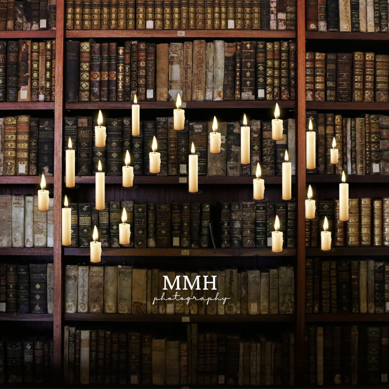 Kate Floating Candle Witchraft Wizard Antique Bookshelf Backdrop Designed by Melissa McCraw-Hummer