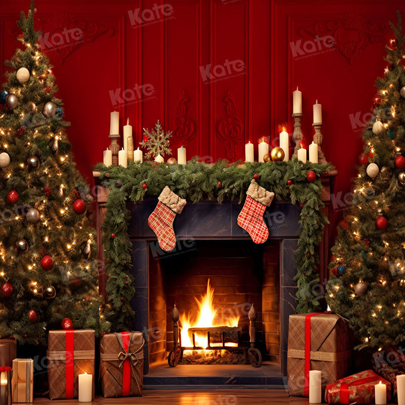 Kate Christmas Red Wall Fireplace Backdrop for Photography