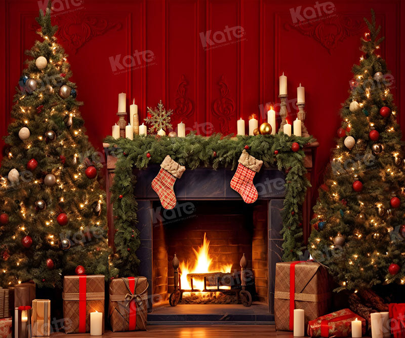 Kate Christmas Red Wall Fireplace Backdrop for Photography