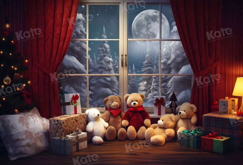 Kate Christmas Teddy Bear Gifts Window Night Moon Backdrop for Photography