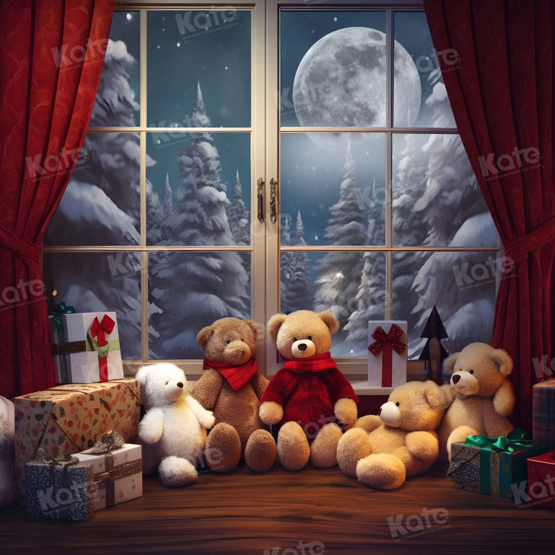 Kate Christmas Teddy Bear Gifts Window Night Moon Backdrop for Photography