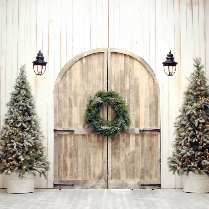 Kate Christmas Beige Wall Brown Barn Door Tree Backdrop for Photography