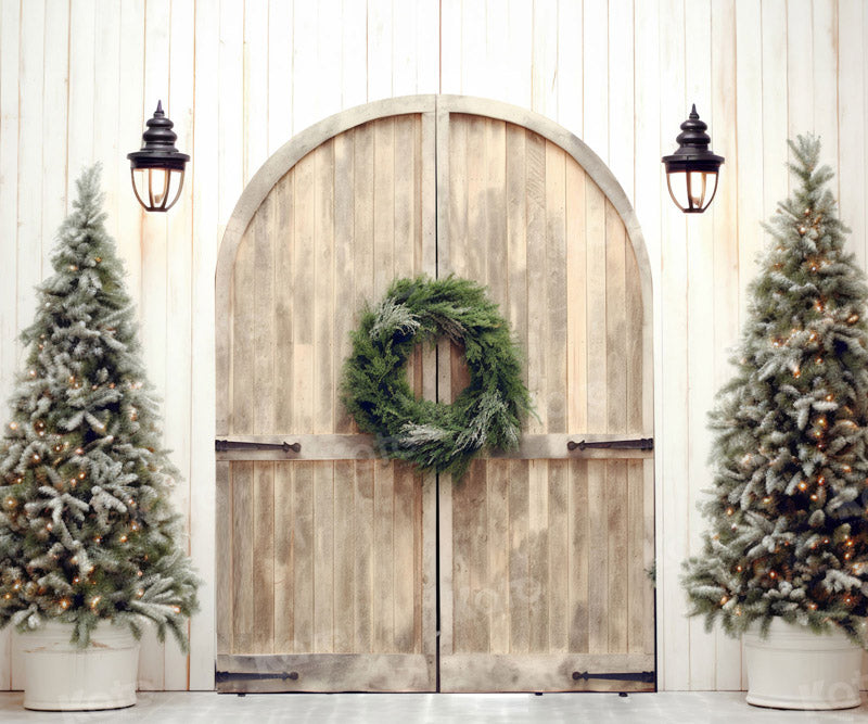 Kate Christmas Beige Wall Brown Barn Door Tree Backdrop for Photography