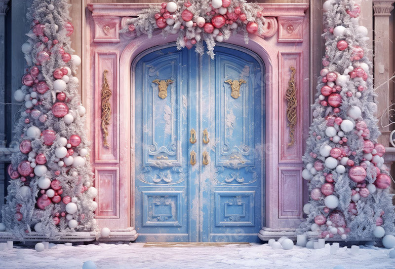 Kate Pink Christmas Blue Door Yard Backdrop for Photography