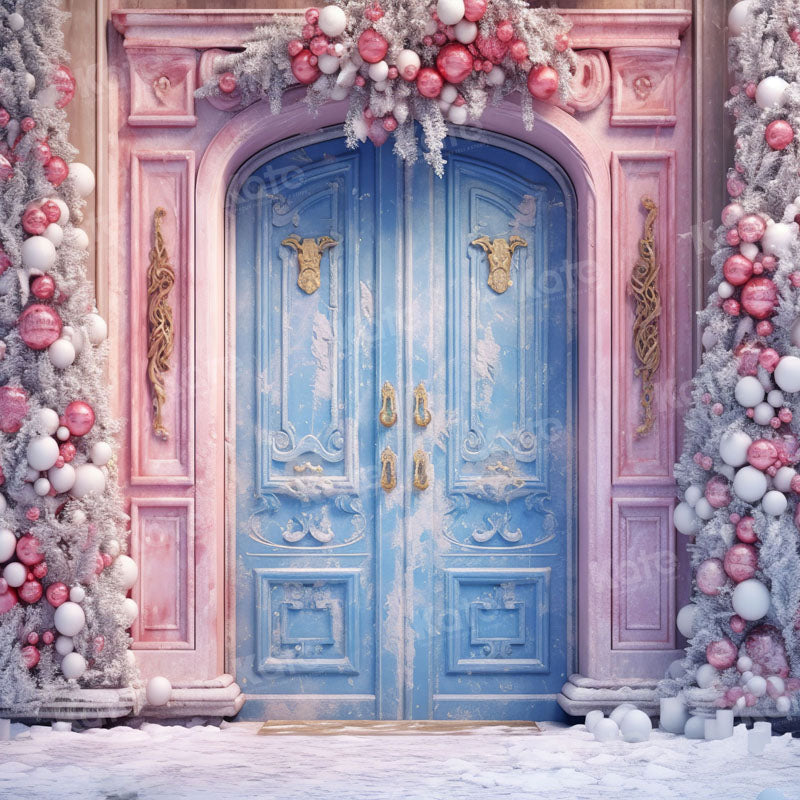 RTS Kate Pink Christmas Blue Door Yard Backdrop for Photography