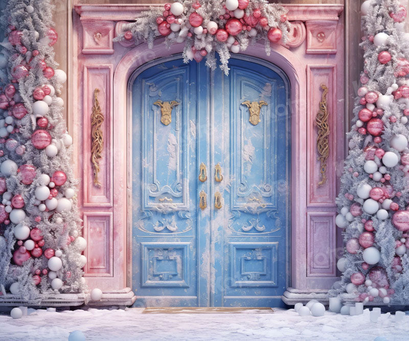 Kate Pink Christmas Blue Door Yard Backdrop for Photography