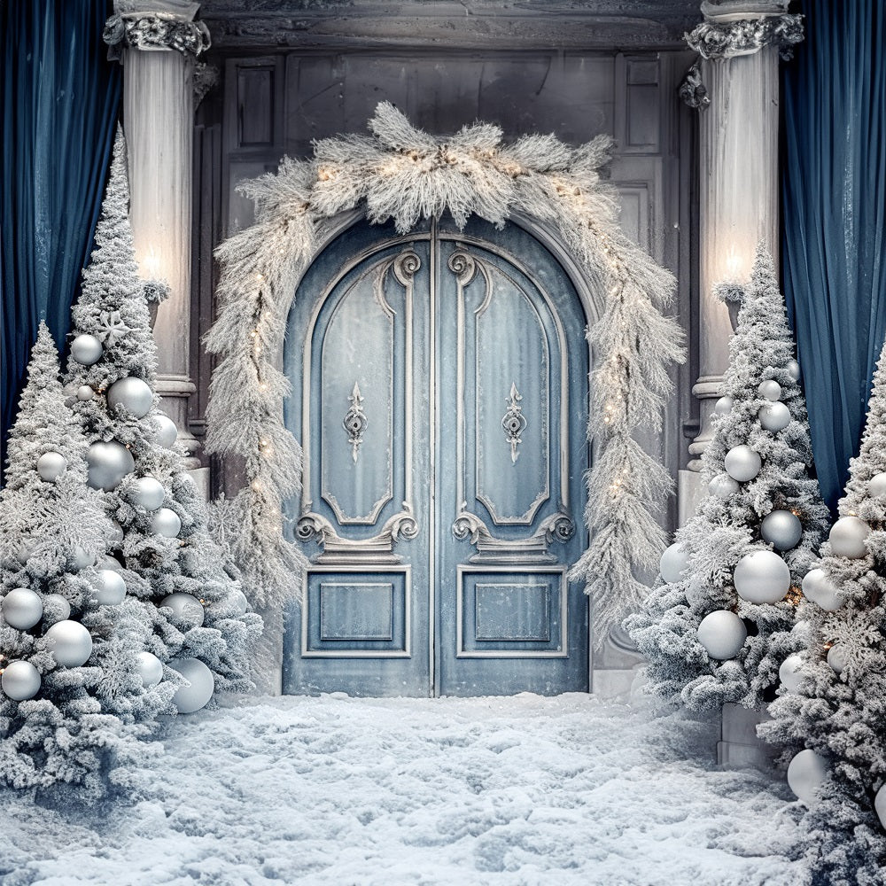 Kate Christmas Winter Frosted World Tree Blue Door Backdrop for Photography