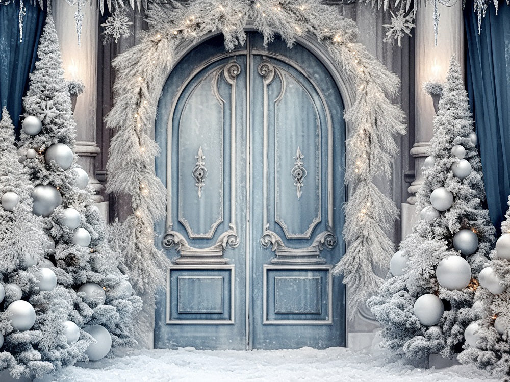 Kate Christmas Winter Frosted World Tree Blue Door Backdrop for Photography