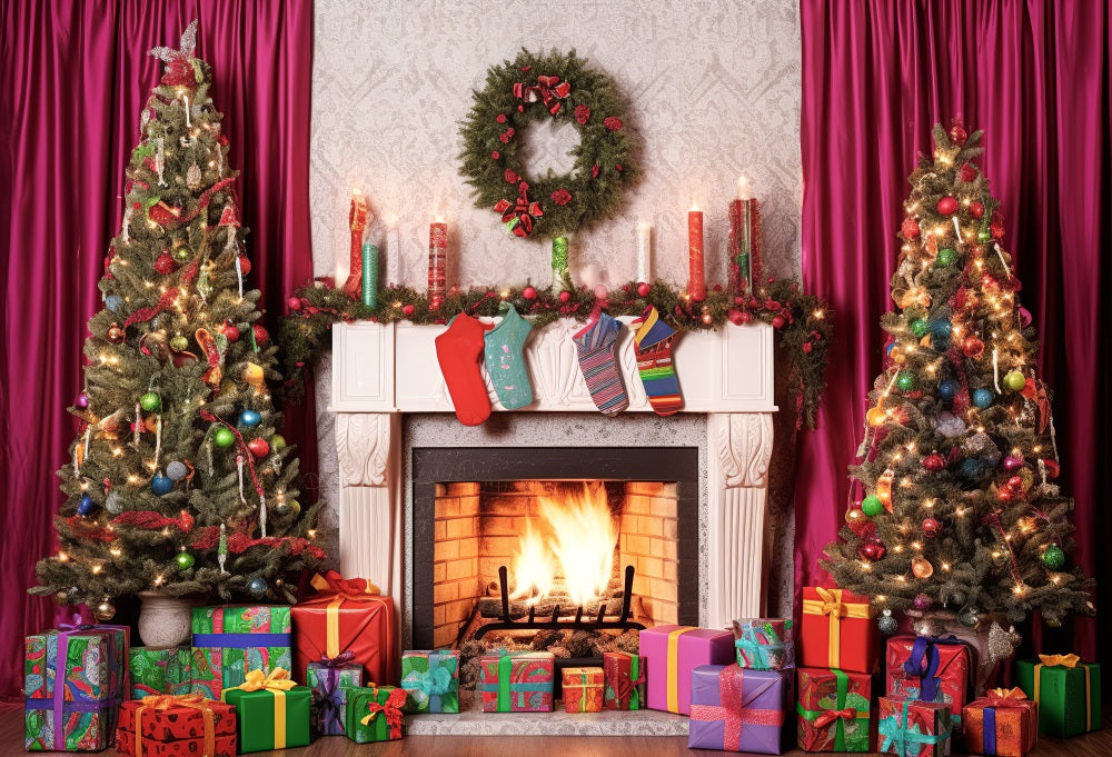 Kate Christmas Colorful Socks Fireplace Tree Fuchsia Purple Curtain Backdrop for Photography