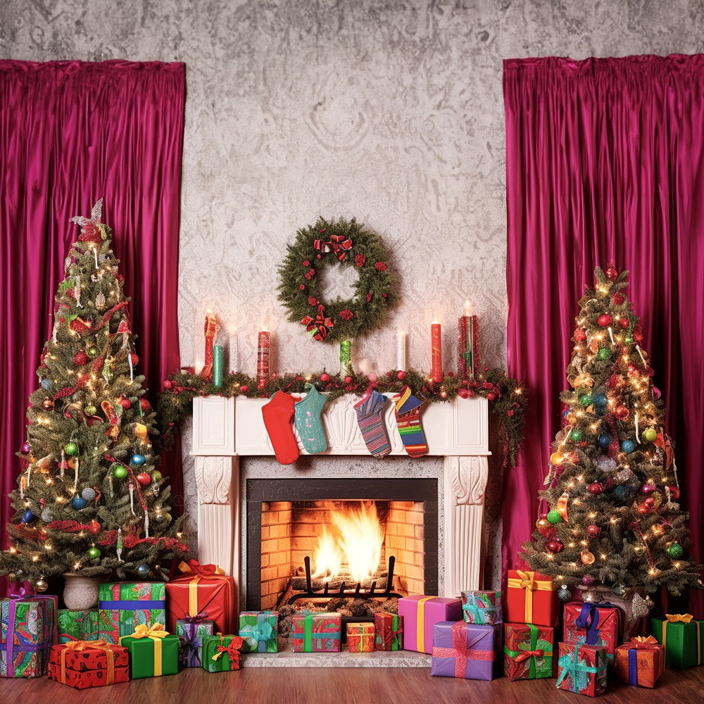 Kate Christmas Colorful Socks Fireplace Tree Fuchsia Purple Curtain Backdrop for Photography