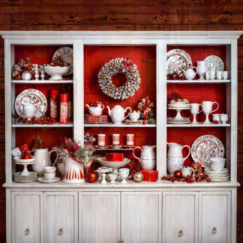 Kate Christmas Red Kitchen White Cupboard Backdrop Designed by Chain Photography (only ship to Canada)