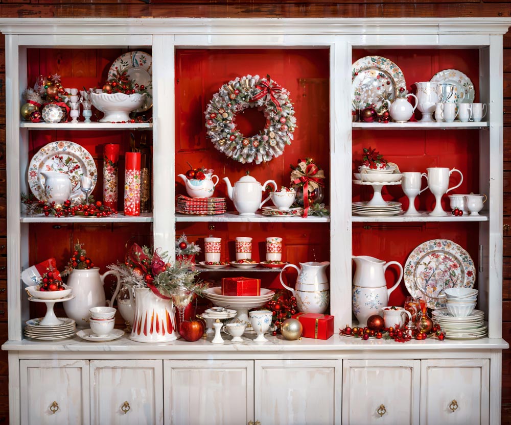 Kate Christmas Red Kitchen White Cupboard Backdrop Designed by Chain Photography