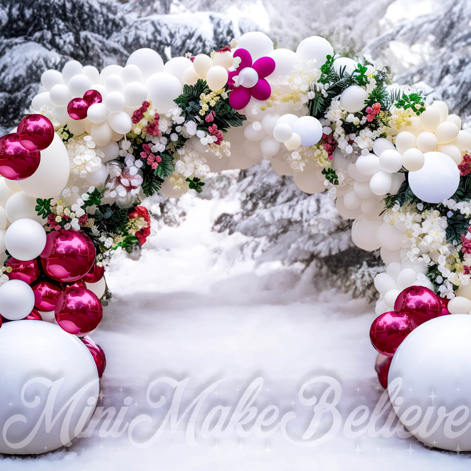 Kate Christmas Winter Balloon Arch in Snow Backdrop Designed by Mini MakeBelieve
