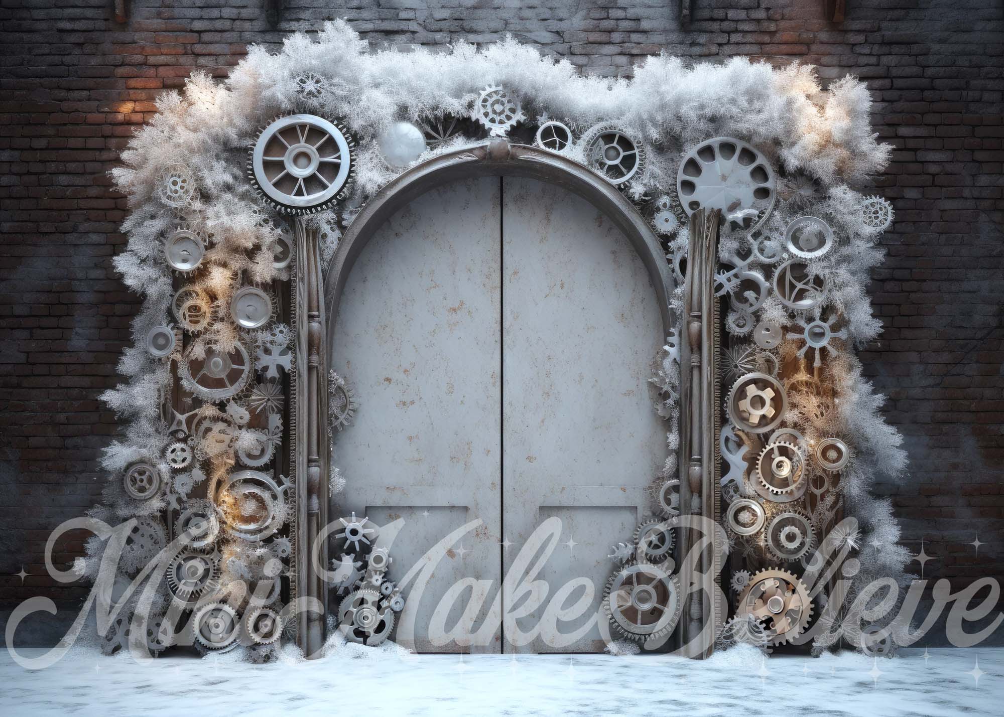 Kate Christmas Winter Steampunk Doors Snow Backdrop Designed by Mini MakeBelieve