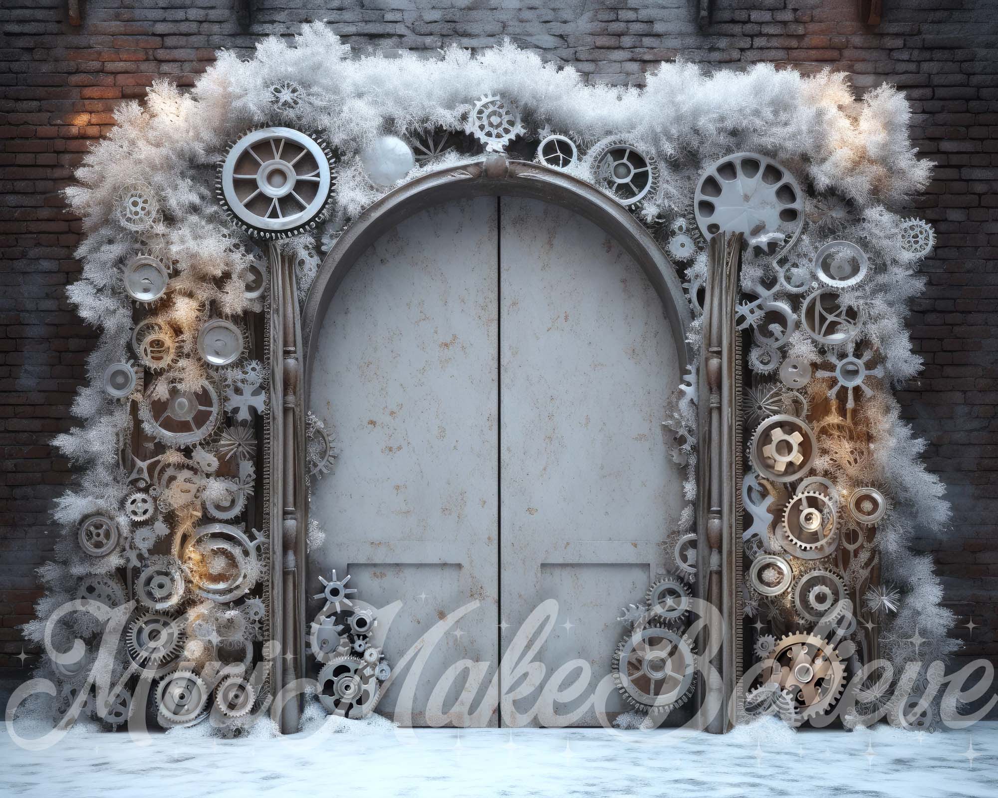 Kate Christmas Winter Steampunk Doors Snow Backdrop Designed by Mini MakeBelieve