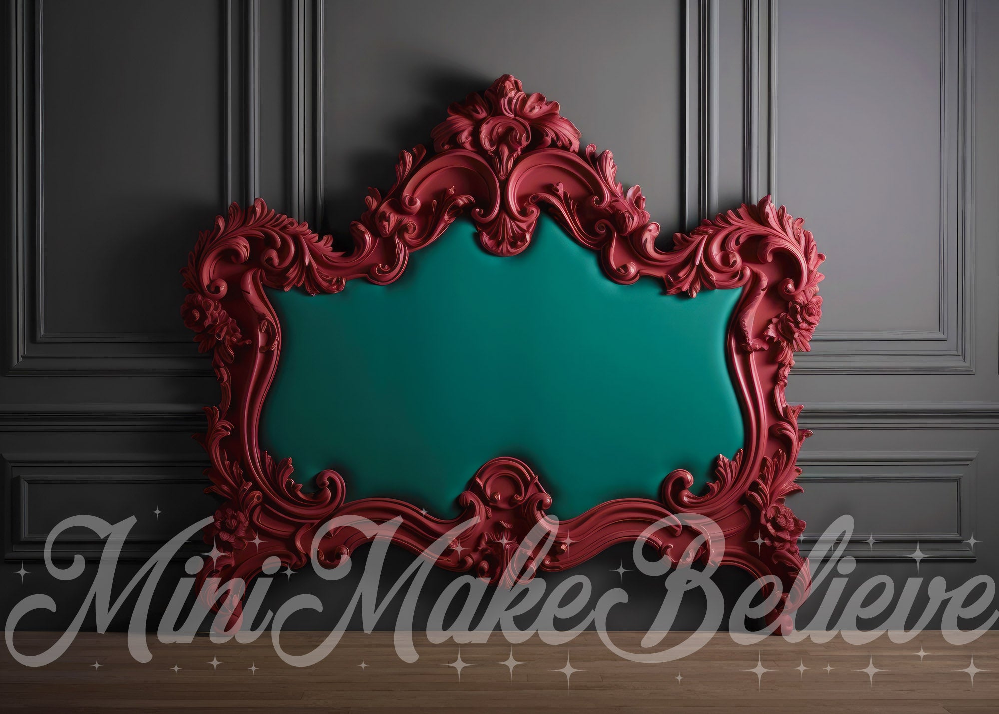 Kate Fancy Christmas Cranberry Teal on Grey Wall Headbaord Backdrop Designed by Mini MakeBelieve