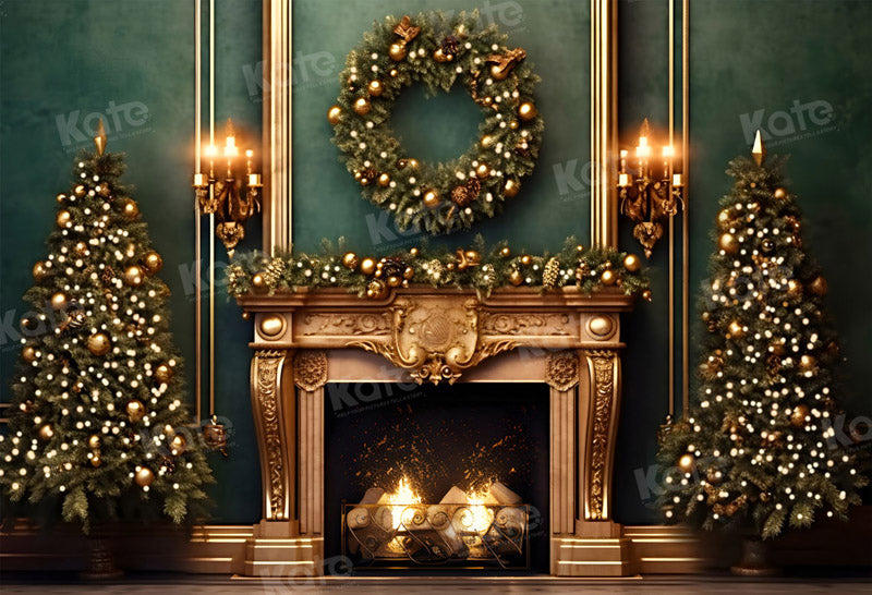 Kate Christmas Green Wall Golden Fireplace Backdrop for Photography