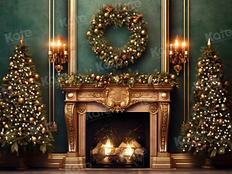 Kate Christmas Green Wall Golden Fireplace Backdrop for Photography