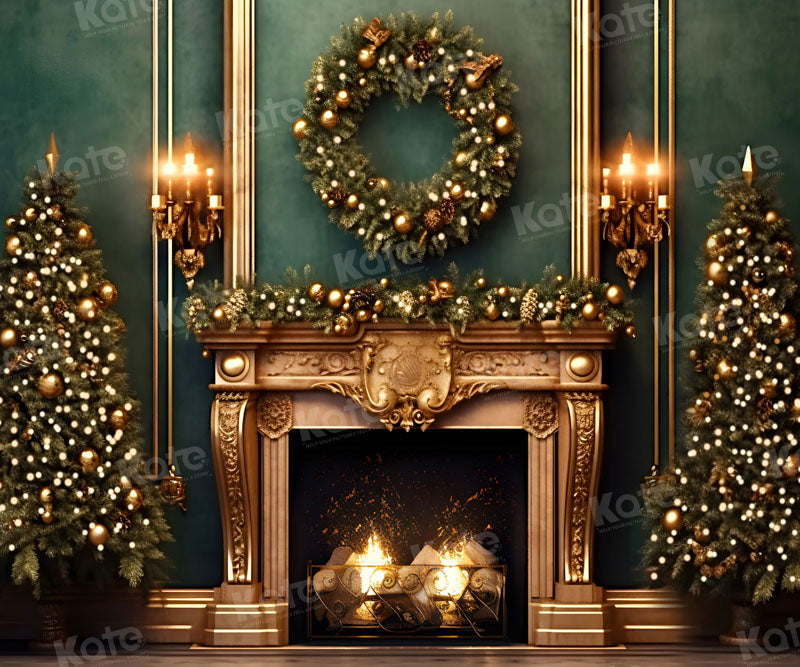 Kate Christmas Green Wall Golden Fireplace Fleece Backdrop for Photography