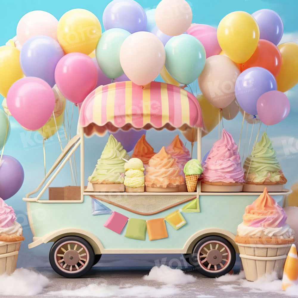 Kate Summer Sweet Ice Cream Car Cake Smash Balloon Sky Fleece Backdrop Designed by Chain Photography