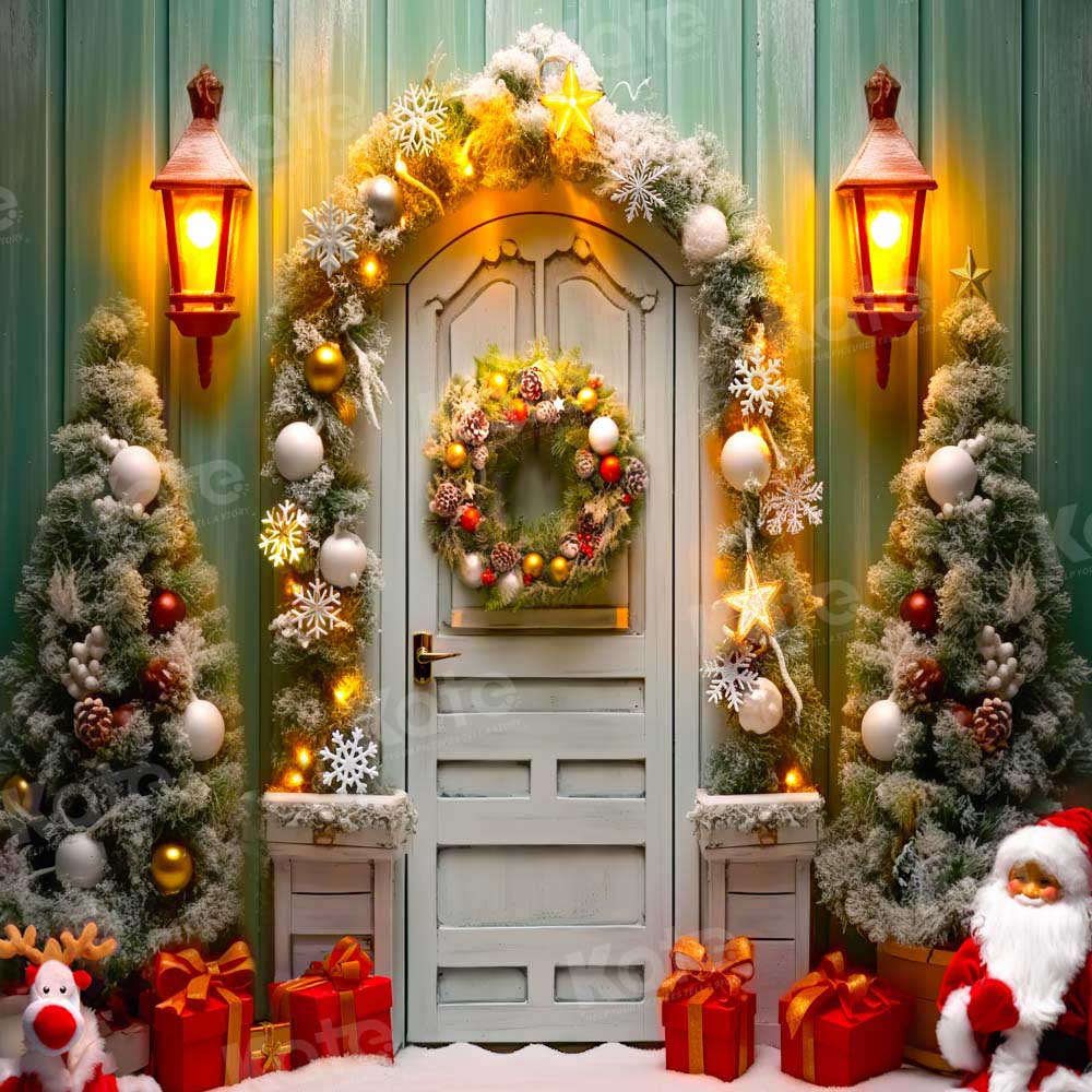Kate Christmas Santa Doll Green Wall White Door Backdrop for Photography