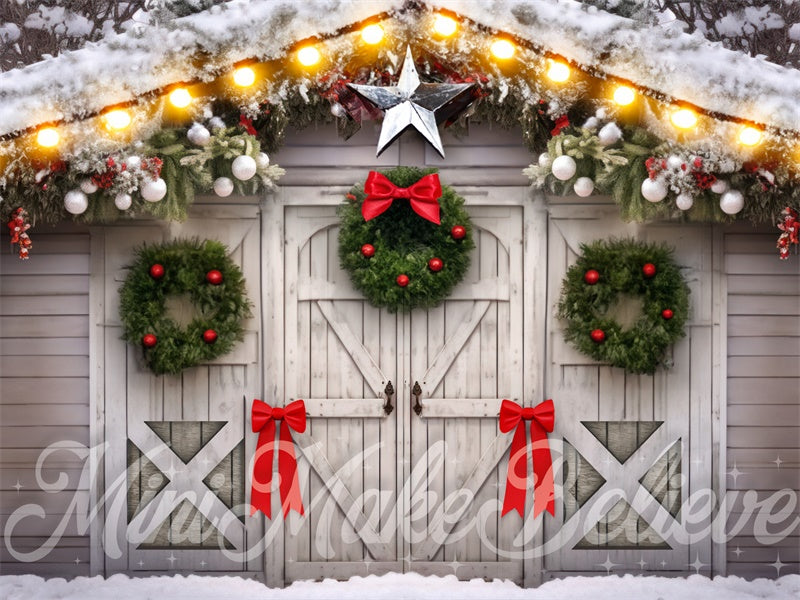 Kate Christmas White Barn with Wreaths Bows Backdrop Designed by Mini MakeBelieve