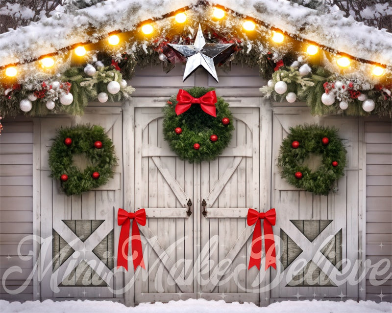 Kate Christmas White Barn with Wreaths Bows Backdrop Designed by Mini MakeBelieve