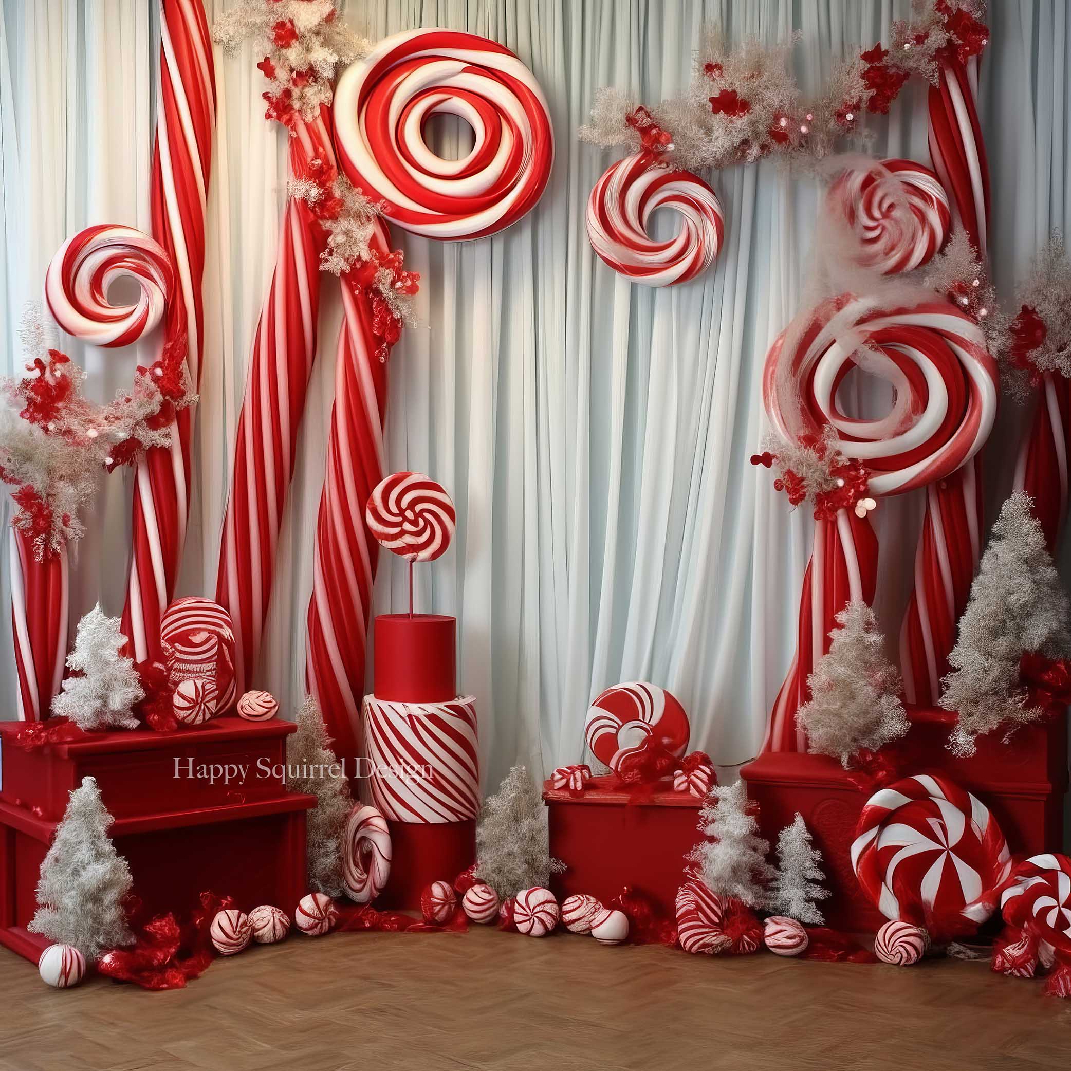 Kate Winter Christmas Candy Cane Room Backdrop Designed by Happy Squirrel Design