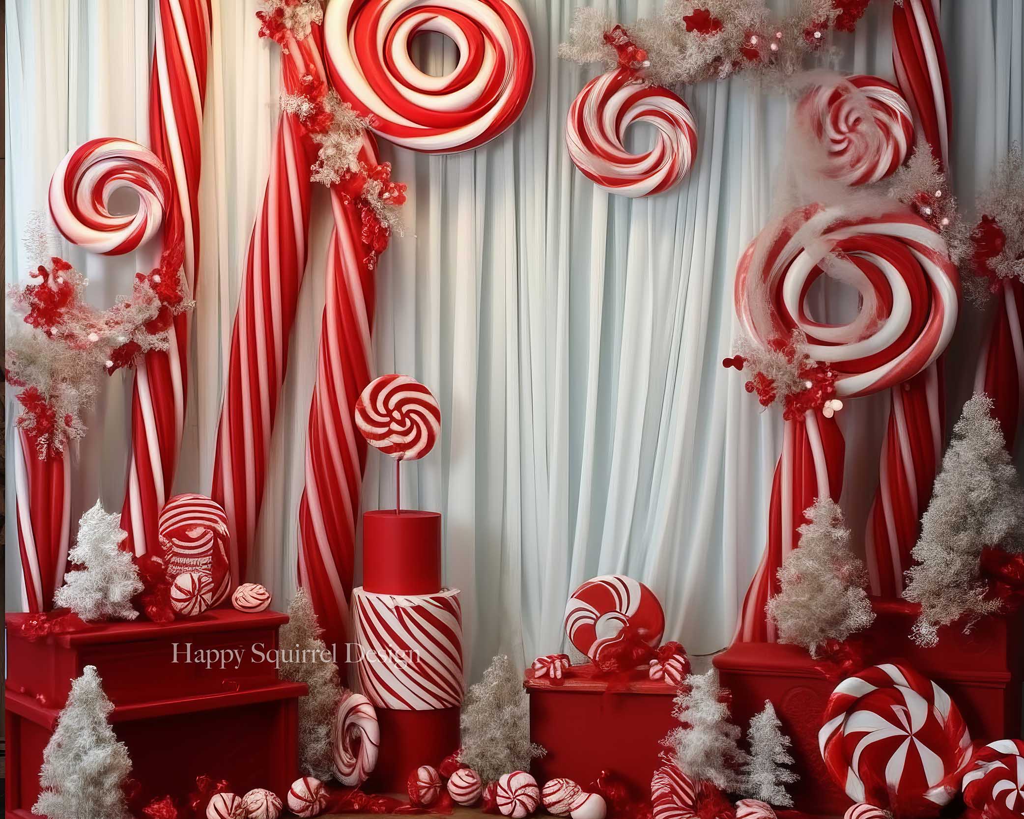 Kate Winter Christmas Candy Cane Room Backdrop Designed by Happy Squirrel Design