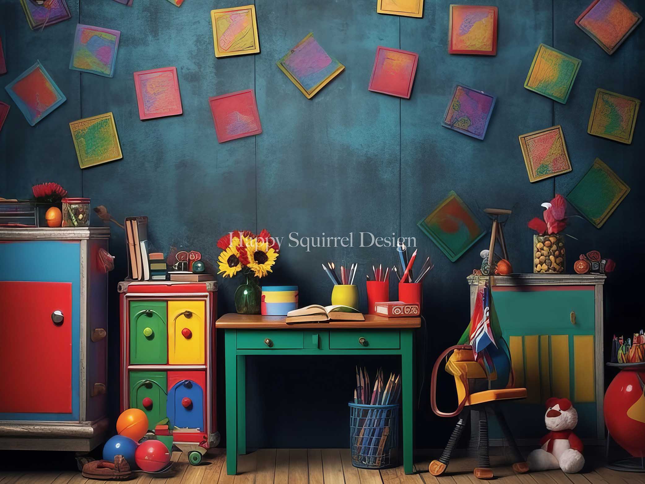 Kate Back to School Colorful Classroom Backdrop Designed by Happy Squirrel Design