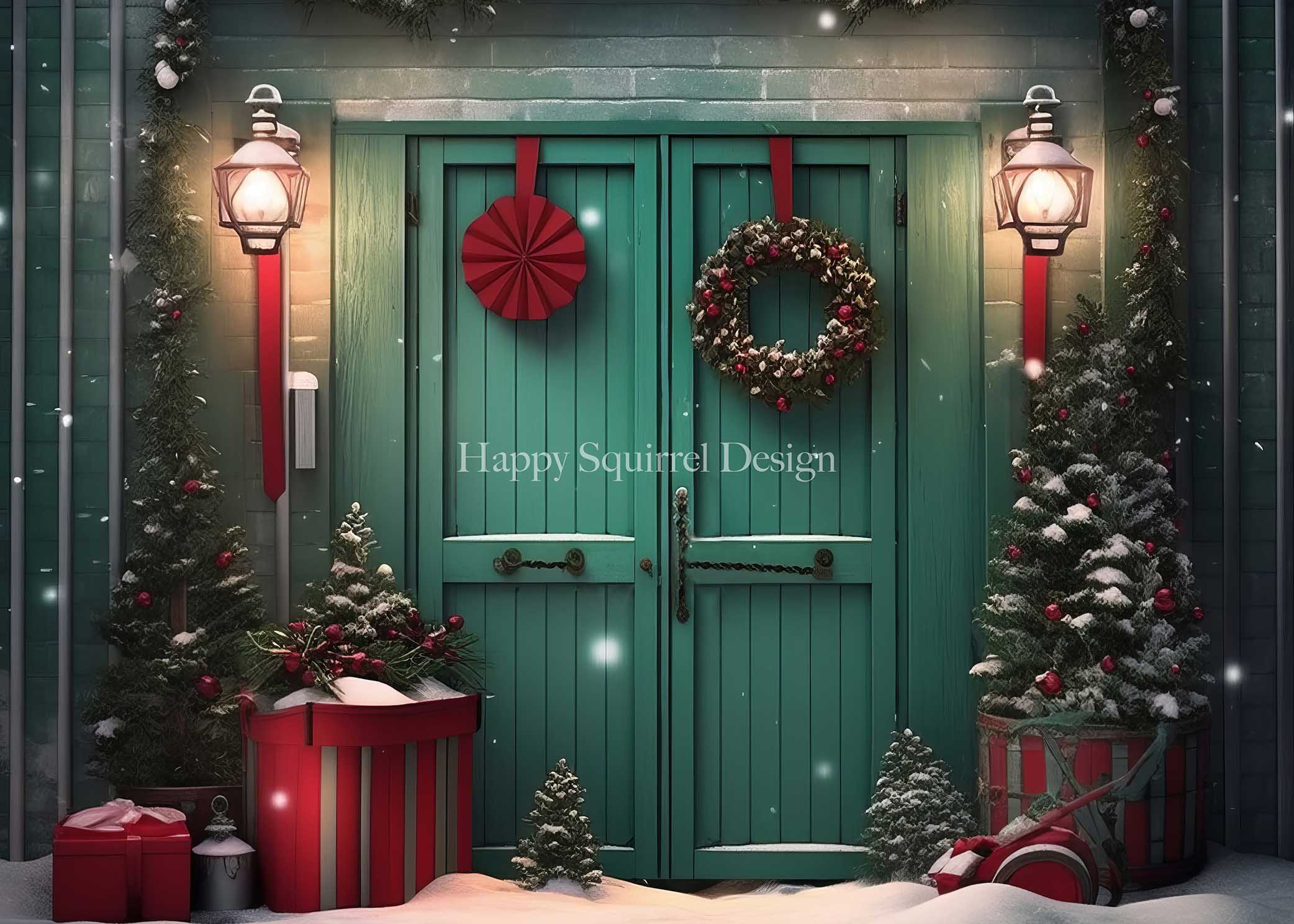Kate Christmas Green Holiday Door Backdrop Designed by Happy Squirrel Design