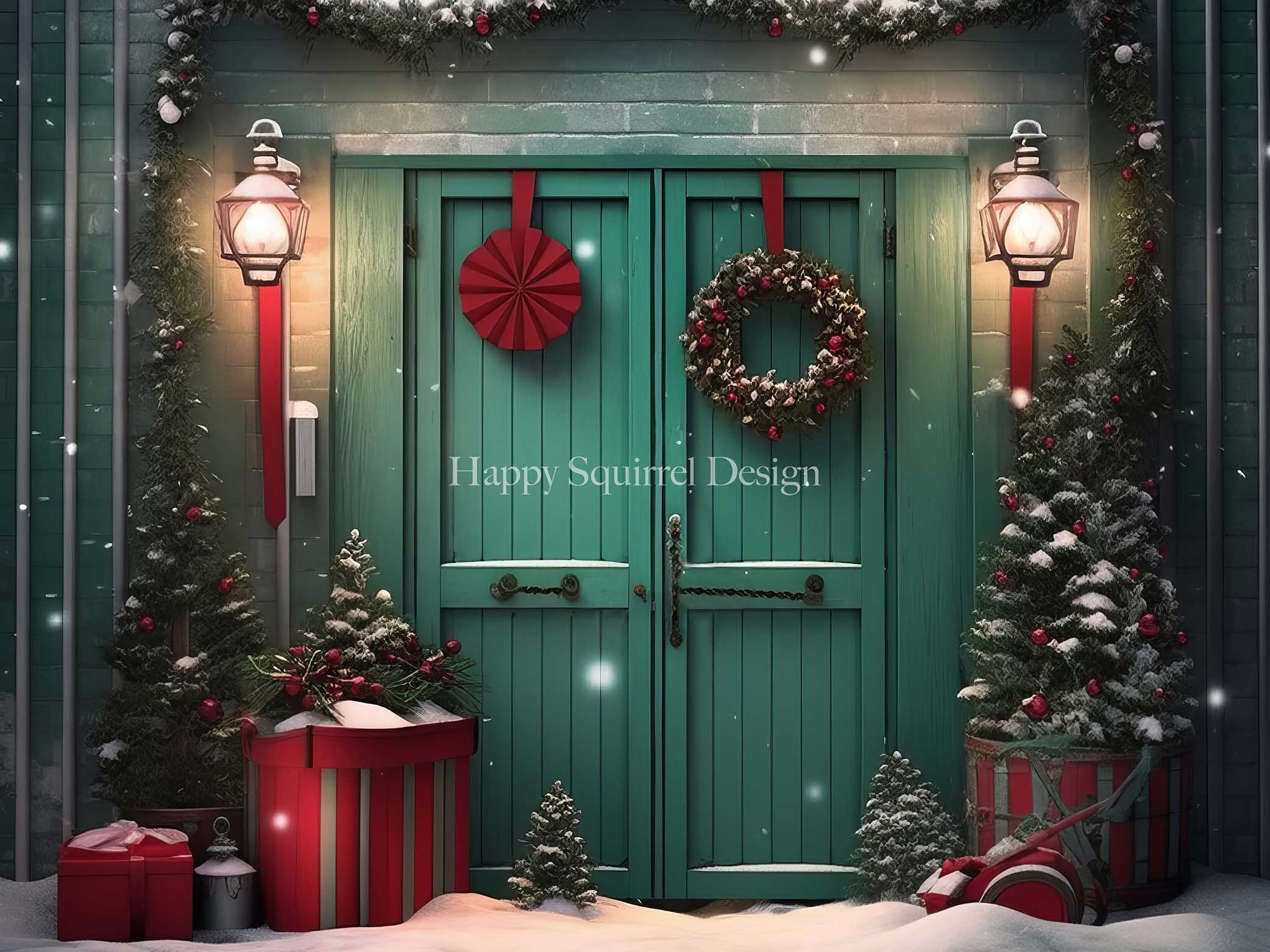Kate Christmas Green Holiday Door Backdrop Designed by Happy Squirrel Design