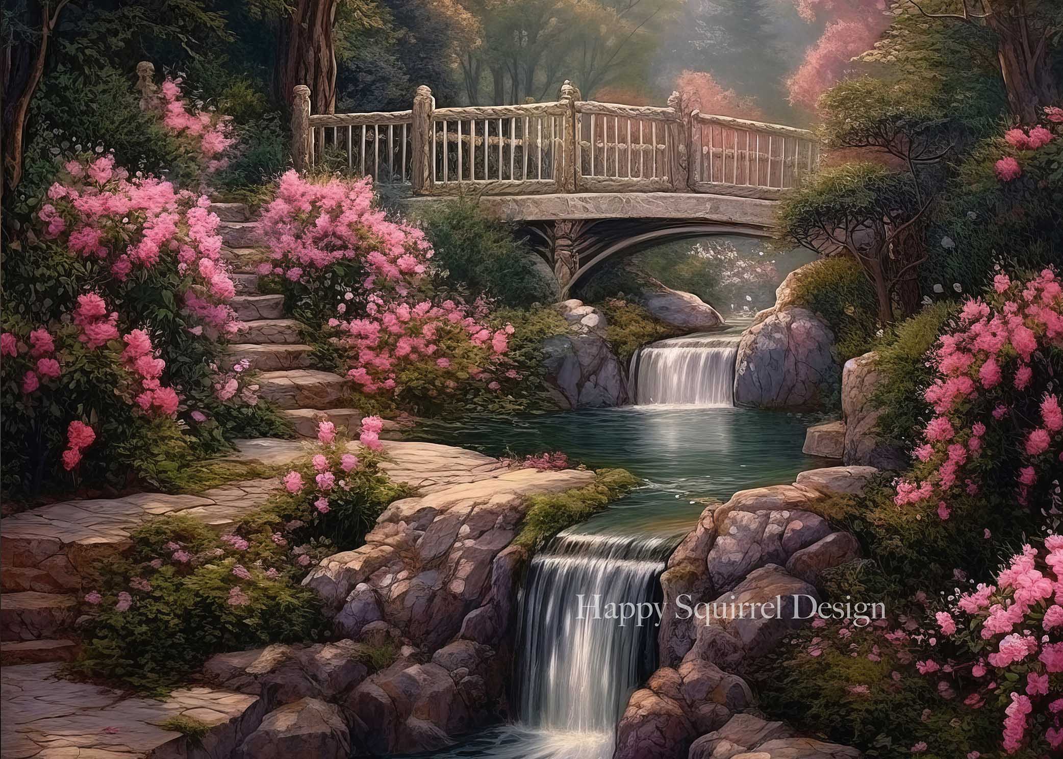 Enchanting Garden Waterfall Bridge Backdrop