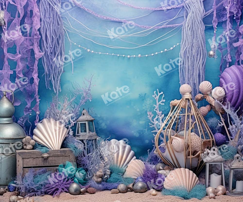 Kate Purple Deep Sea Shell Mermaid Fleece Backdrop for Photography