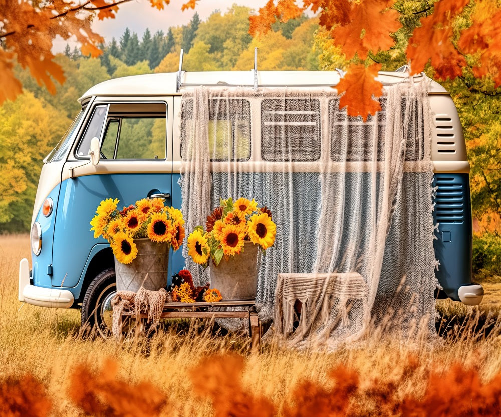 Kate Autumn Sunflower Blue White Car Bus Backdrop for Photography