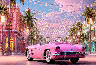 Muñeca de moda de verano con estilo de coche rosa en la calle como fondo para fotografía