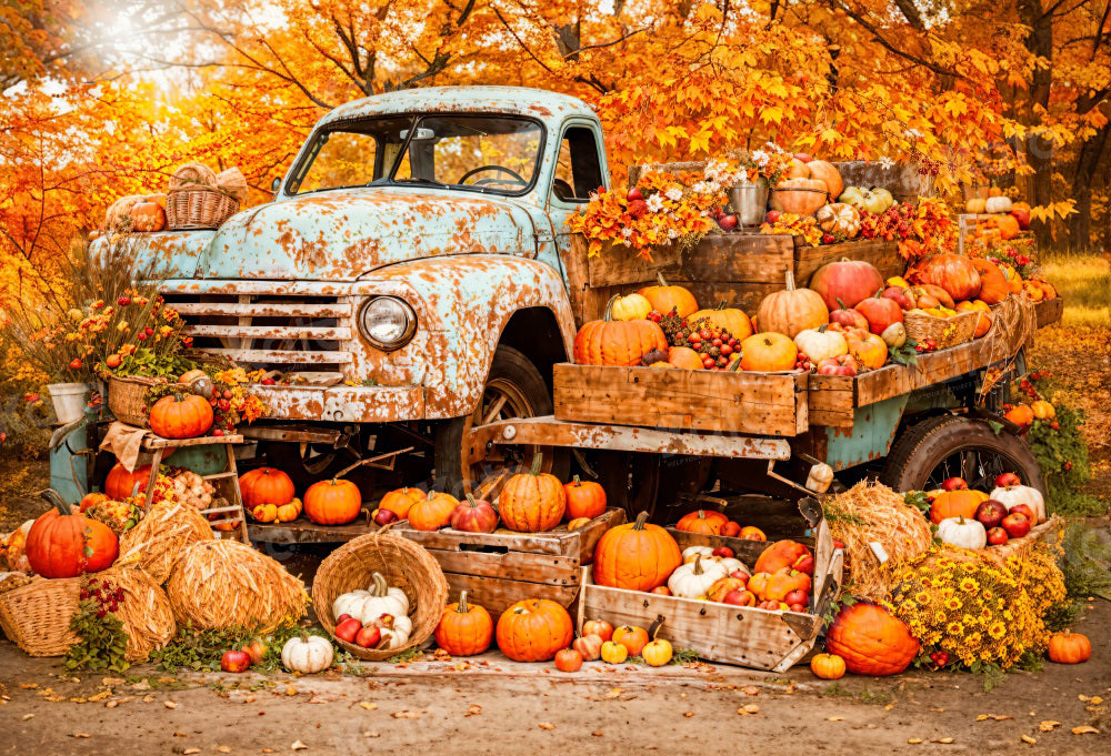 Kate Autumn Old Truck Pumpkins Backdrop for Photography