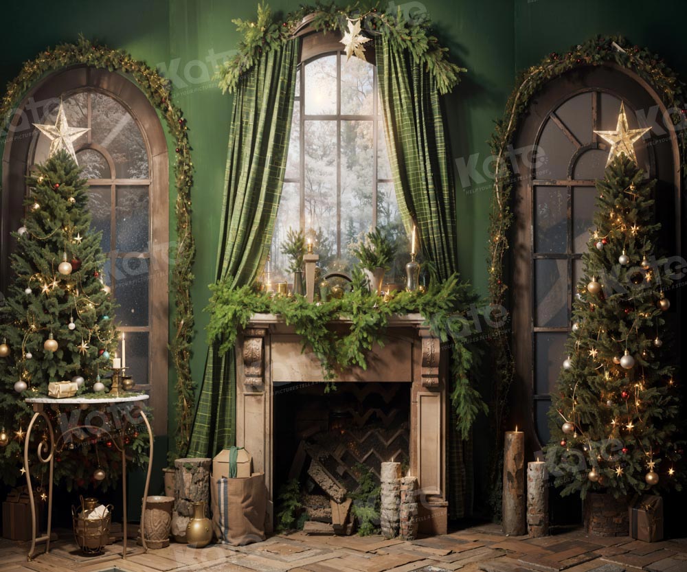Kate Christmas Green Fireplace Curtain Backdrop Designed by Emetselch