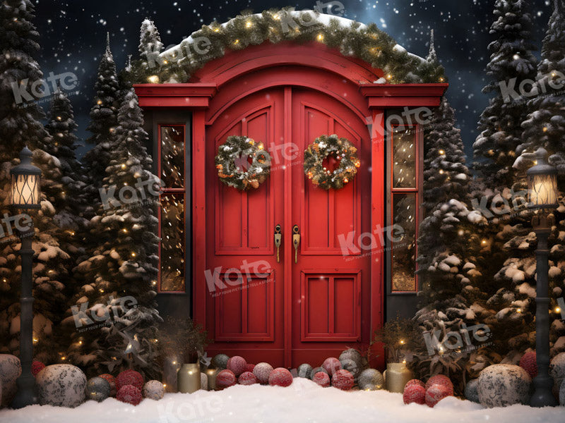 Kate Christmas Red Door Snow Yard Backdrop for Photography