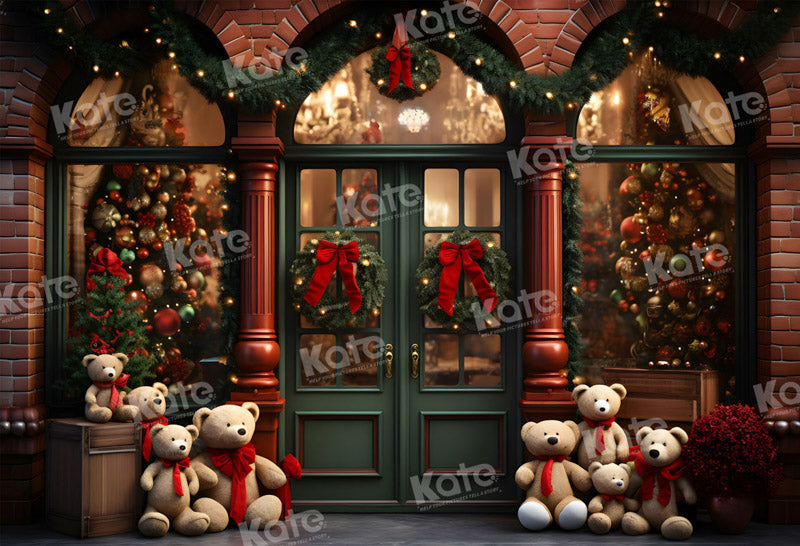 Kate Christmas Teddy Bear before Green Store Door Backdrop for Photography